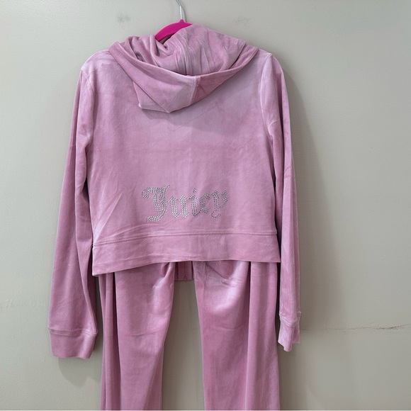 Juicy Couture Pink Velour Tracksuit Set Bling Rhinestone Logo Crewneck Joggers L - Picture 4 of 12